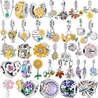 925 Silver Sunflower Charms Beads Golden Flower Bees Dangle DIY Jewelry for Bangle Bracelets Handmade