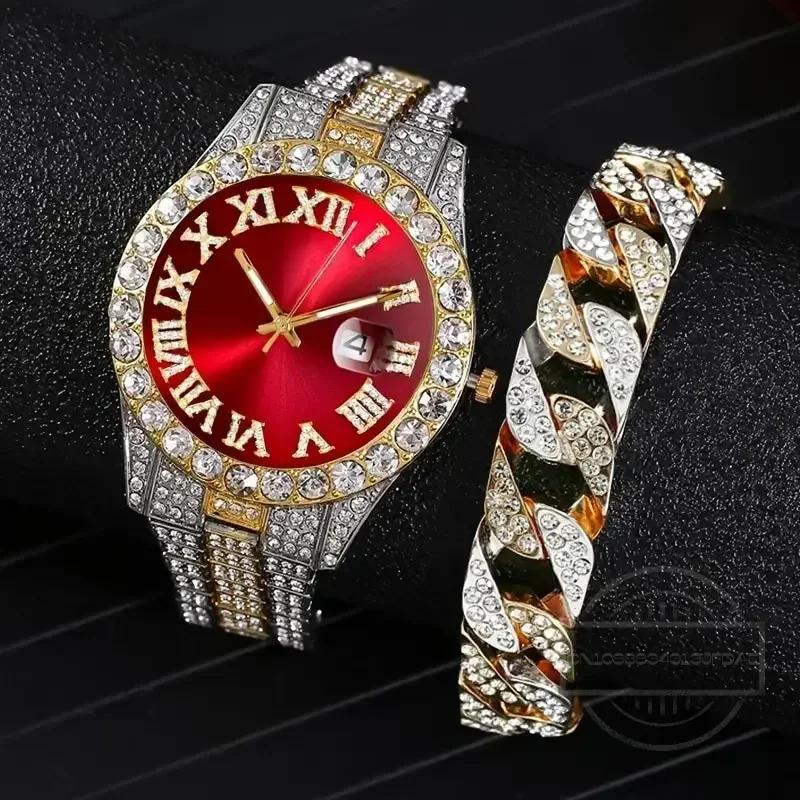 1/2pc Watch Bracelet Hip Hop Stainless Steel Gold Color Calendar Watch for Men Iced Out Paved Rhinestones Men Watch Reloj Hombre