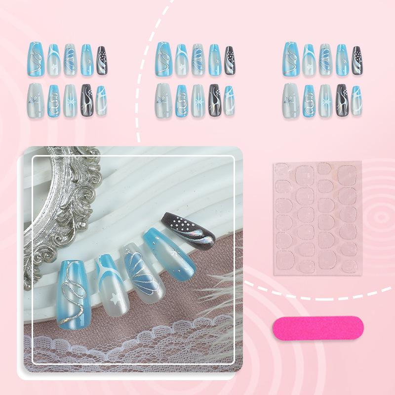 30-Piece European & American Style Press-On Nails, Rhinestones, Sparkling Contrast Colors, Long Square Tips.