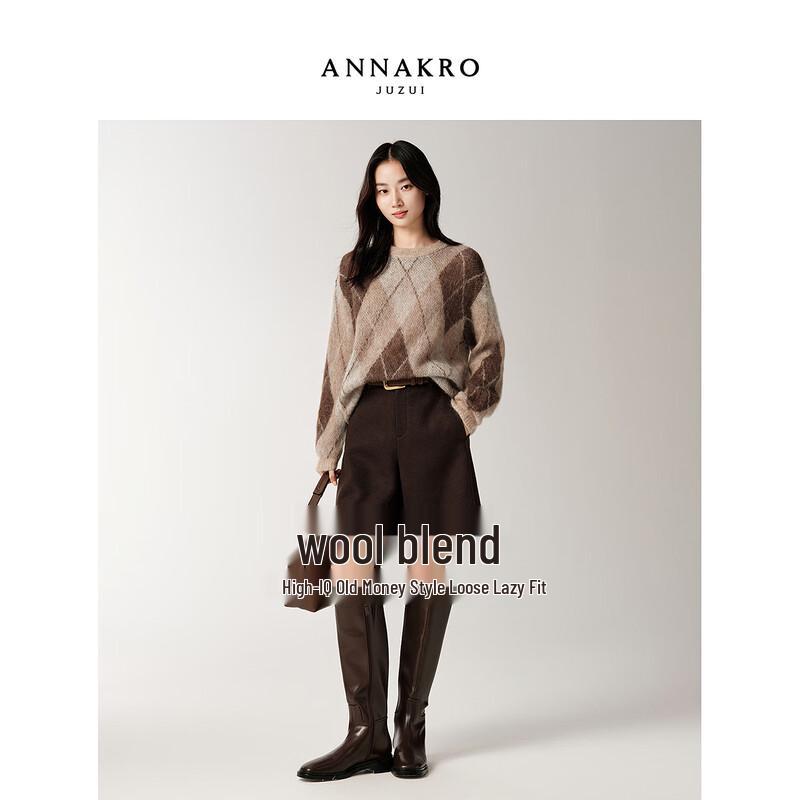 JZ ANNAKO Γυναικείο Πλεκτό Πουλόβερ από Μαλλί με Καρό Σχέδιο και Κατεβασμένους Ώμους