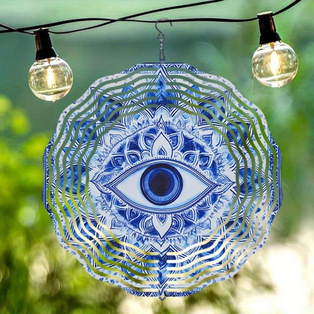 Solarbetriebenes 2D Mandala Windspiel - Metallisch Blau & Weißes Böses Auge Design, Wetterfeste Outdoor Gartendekoration für Veranda