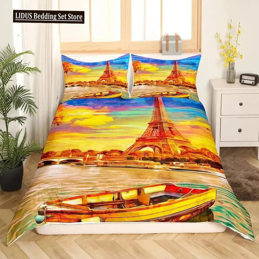 Comforter Valentine Day King Queen Paris Eiffel Tower Bedding Set Pink Watercolor Tulips Flowers Balloon Polyester