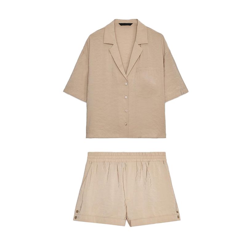 Paste Pocket Decoration Short sleeve Vertical V-neck Shirts 3718119 Mini Vertical Comfortable Mid Waist Shorts 3067431