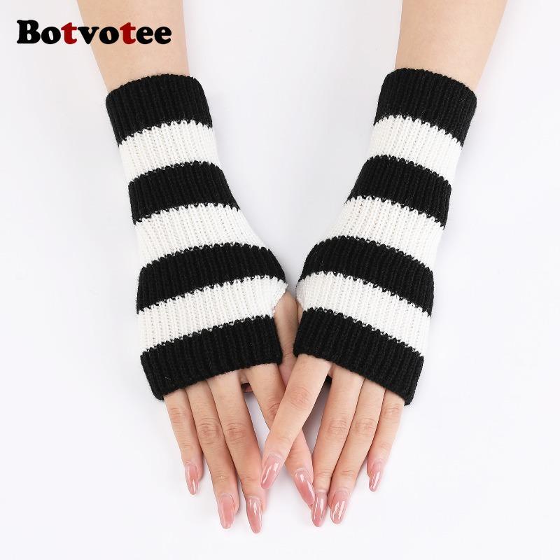 Botvotee Stripe Arm Warmers Sleeves for Women Y2k Accessories Cold Resistance Warm Winter Knit Fingerless Gloves Free Shipping