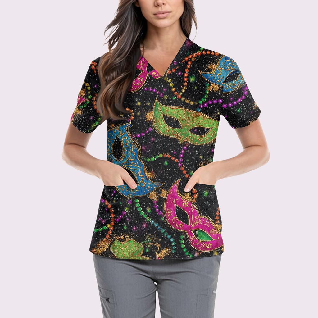 Women's Cute Printed Work Clothes V-neck Double Layer Pockets Basic Short Sleeve Top Pullover Valentines