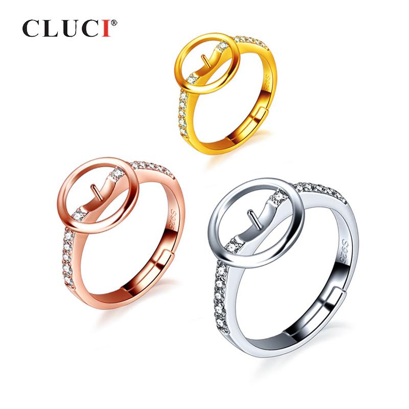 

CLUCI Silver 925 Round Circle Design Pearl Ring Mounting Classic 925 Sterling Silver Adjustable Rings for Women Jewelry SR2241SB resizable рожевий колір золота