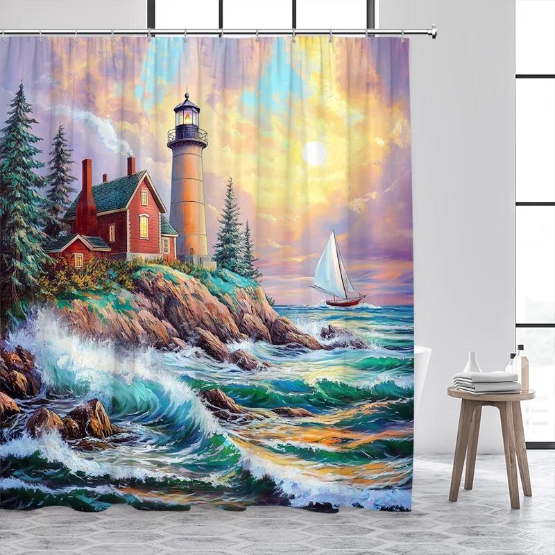 Blue Ocean Lighthouse Shower Curtains Vintage Boat Seagull Sea Waves Watercolour Art Modern Bathroom Curtain Decor With Hooks