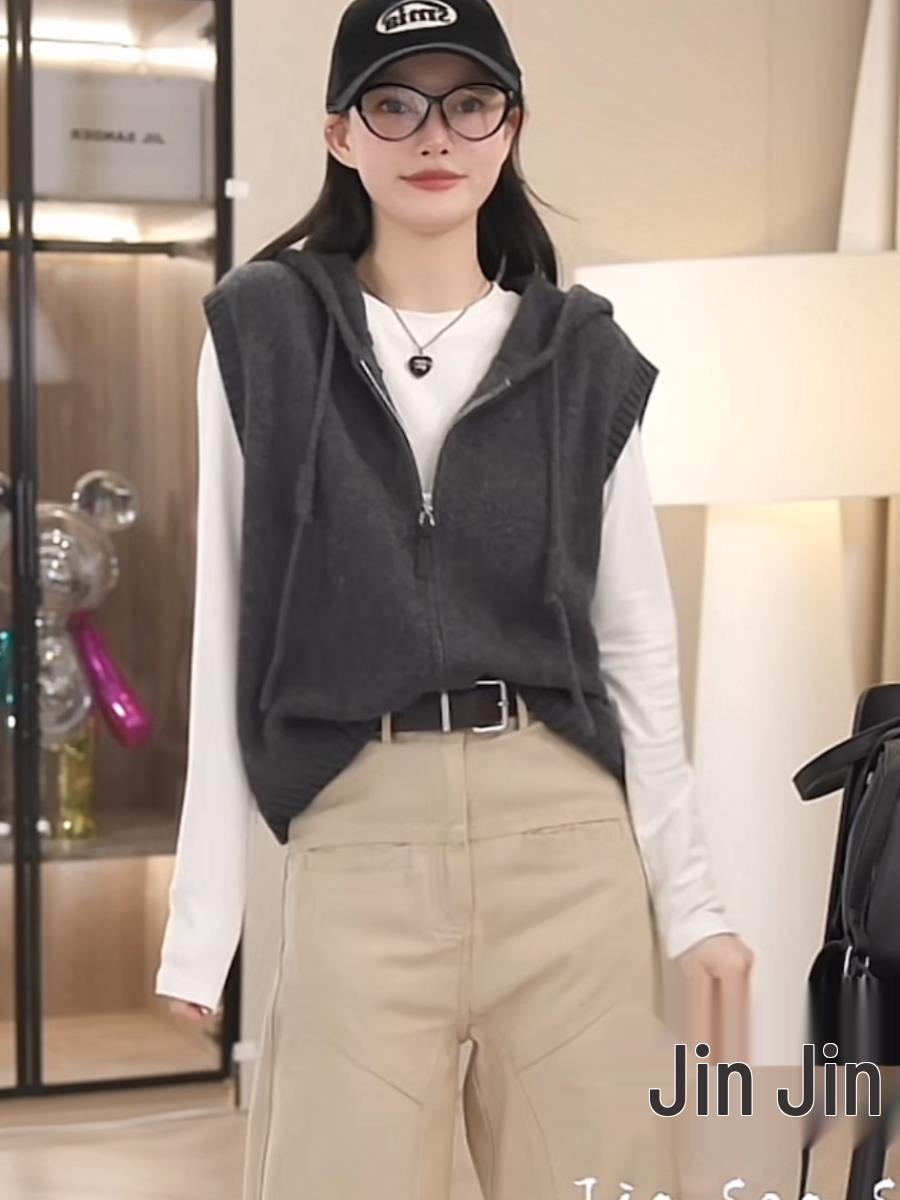 

Стильный вязаный женский жилет с капюшоном - Весенне-летний кардиган без рукавов с кулиской S for under 100