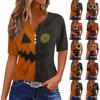 Womens Casual Halloween Print V Neck Short Sleeve Button T Shirt Top Patchwork Design Lightweight Fabric Comfortable Fit