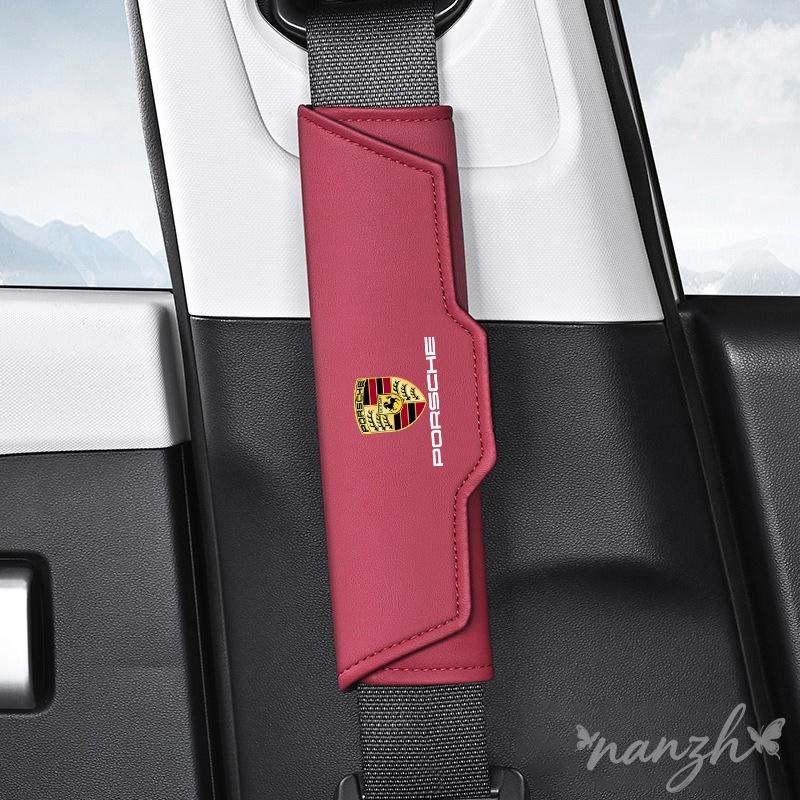 fscr7 Universal Car Seat Belt Leather Shoulder Strap Protect For Porsche Cayenne Panamera Macan 911 718 Taycan Boxster Cayman Sticker