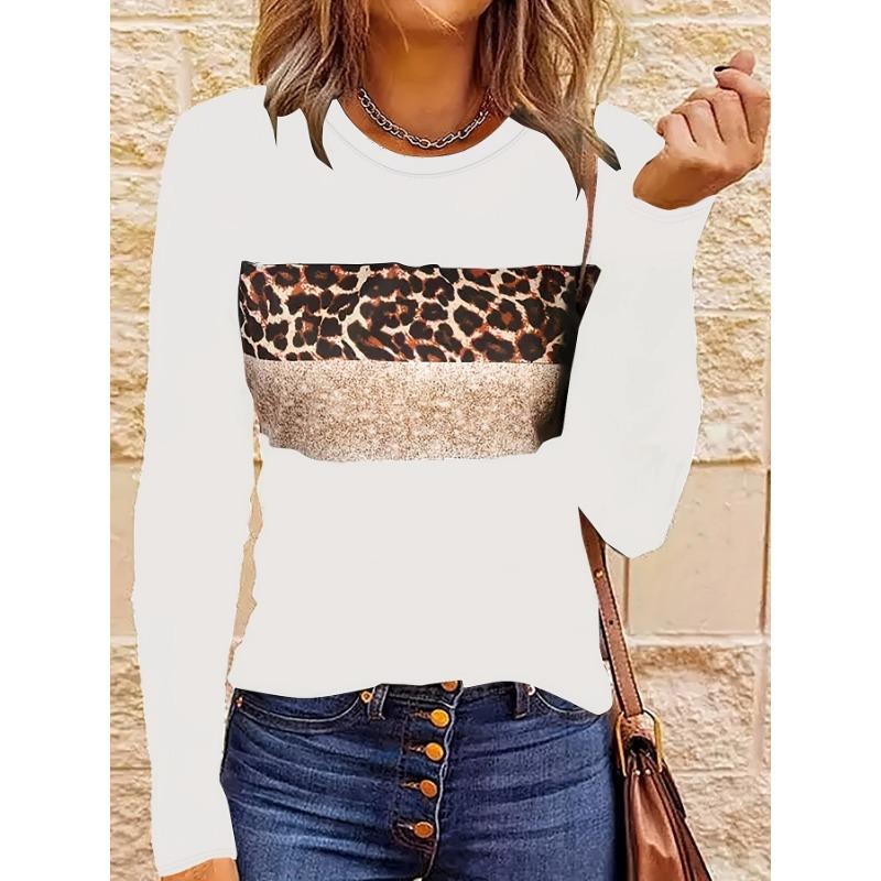 Women Fashion Leopard Printed T-Shirts Basic Casual O Neck Full Long Sleeve Tee Shirts Ladies Chic Knitted Tops