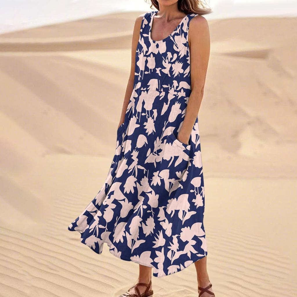Women's Summer Casual Fashion Flower Printed Sleeveless  Pocket Dress