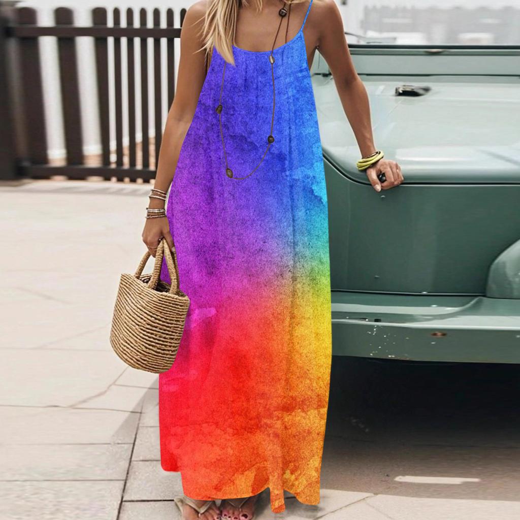 Dámské Módní Ležérní Volné Šaty s Květinovým Potiskem a Úzkými Ramínky Bez Zad