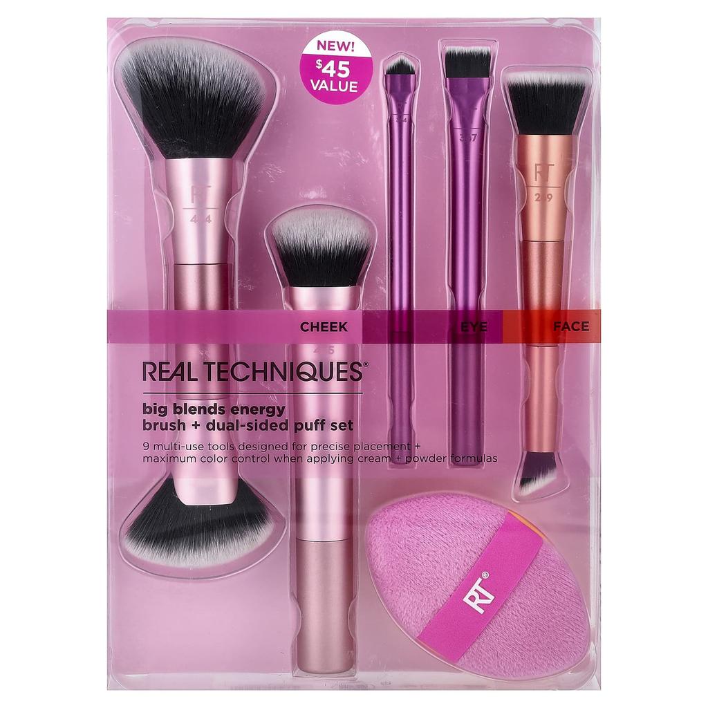 Real Techniques Big Blend Energy Brush + Double-Sided Puff Set, 6-Piece Set