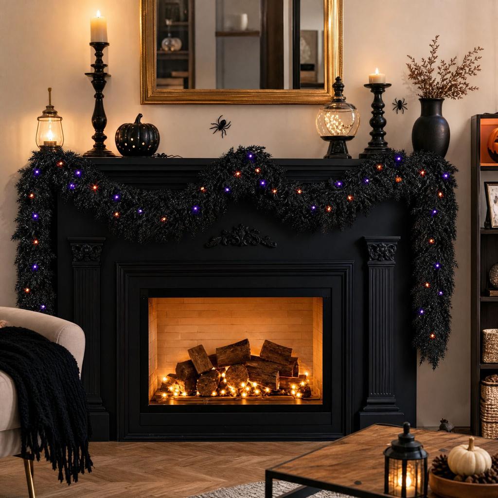 Schwarzer künstlicher Zypressengirlande mit Lichtern für Weihnachten Halloween Kaminsims Veranda Tischdekoration - 2,7M