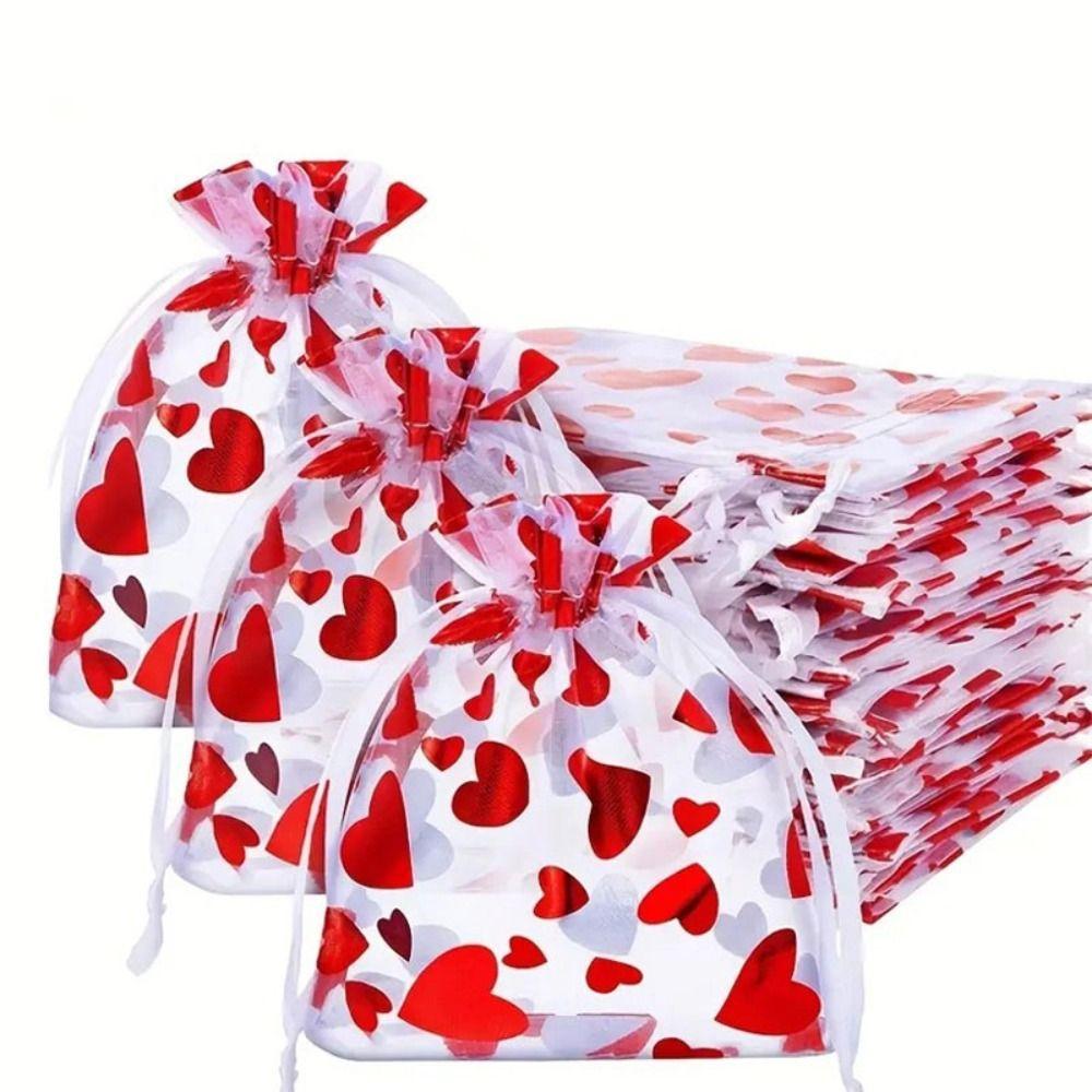 20pcs Love Heart Valentine's Day Gift Bag Drawstring Bronzing Gift Bag Mesh Candy Pouches  Wedding
