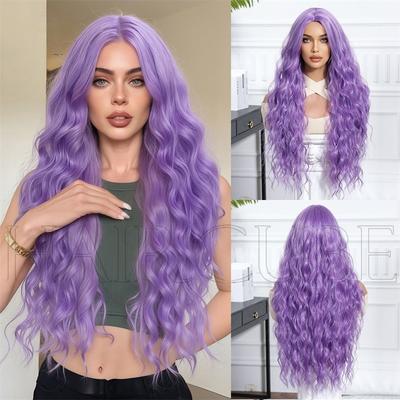 Peruka Ombre Czarno-Fioletowa z Włosów Syntetycznych Długa Peruka z Falą Ciała Naturalna Fryzura z Falą Wodną Seksowna Peruka Damska dla Kobiet Cosplay