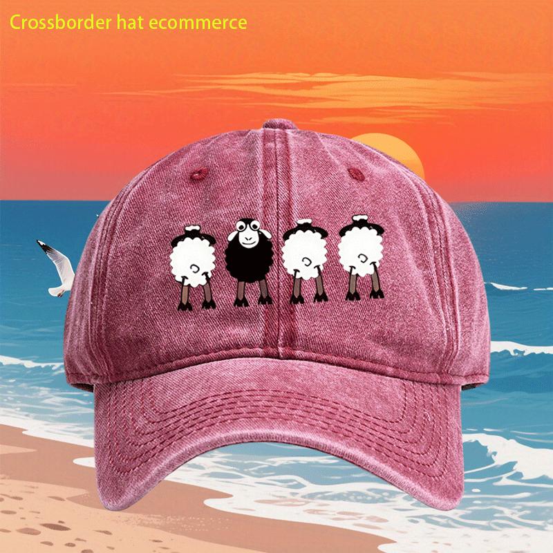 Casquette de Baseball Mouton Dessin Animé Denim Lavé Impression Vintage Extérieur Décontracté Réglable