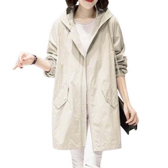 Fall Spring Women Coat Hooded Zip-up Long Sleeves Loose Cardigan Drawstring Mid Length Overcoat with Pockets Thin Daily Wear Work Outdoor Windbreaker