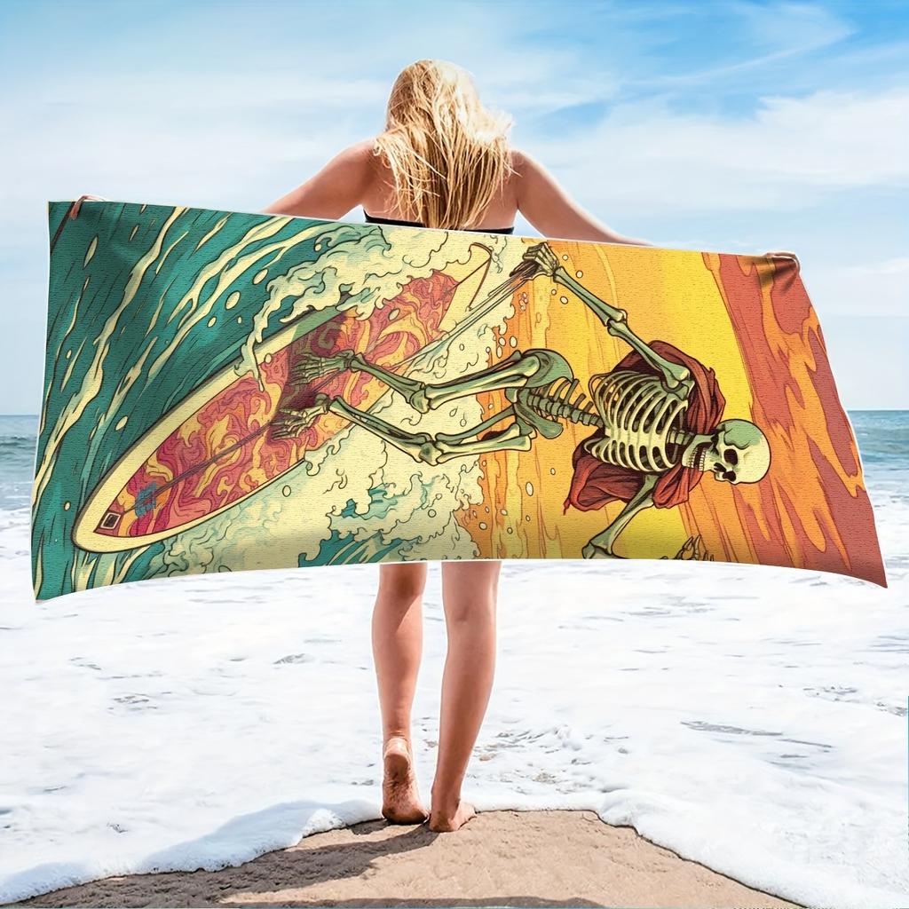 Surfing Skeleton Beach Towel: Breathable, Quick-Dry, Soft, Comfortable - Beach Life Suitable For Towels, Bath Towels