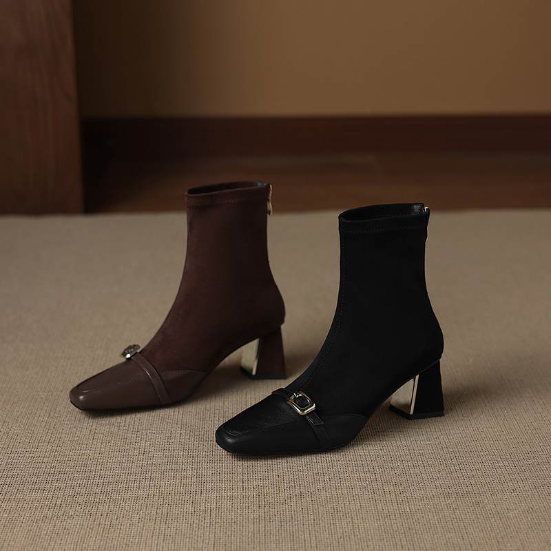 Krazing Pot Flock Cow Skin Square Toe Thick Heels Chelsea Boots Size 42 Beauty Lady Women Metal Buckle Ankle Boots