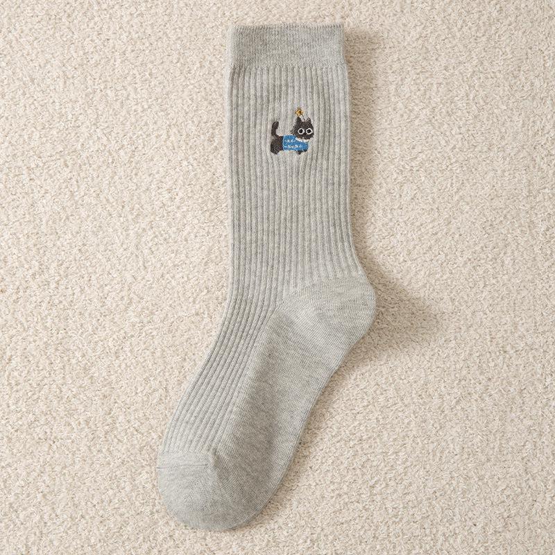 Dámské bavlněné ponožky střední délky v japonském stylu s dvojitou jehlou - Podzim/Zima, Svislý pruh s kreslenou výšivkou