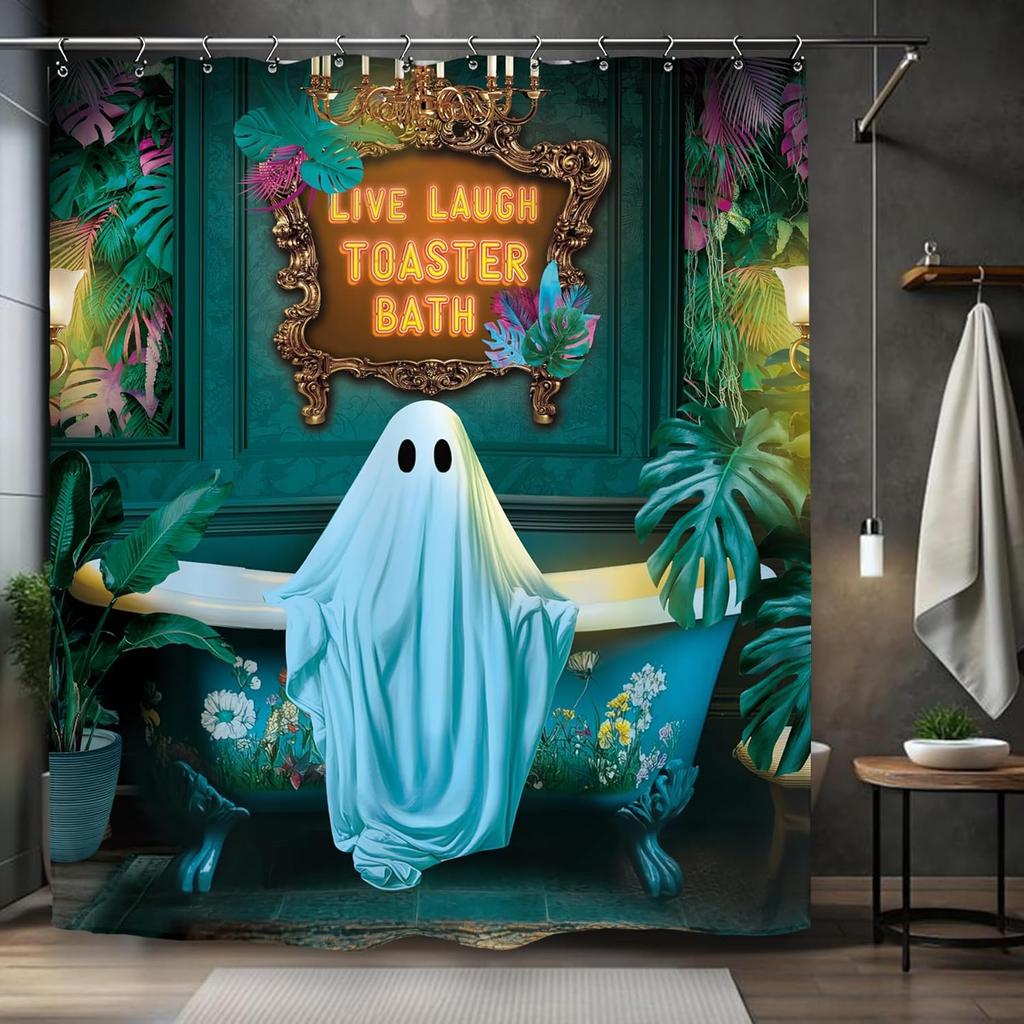 Halloween Pumpkin Ghost Shower Curtain Mouse Head Pumpkin Skull Kids Boys Holiday Scary Horror Spooky Bathroom Set Accessories