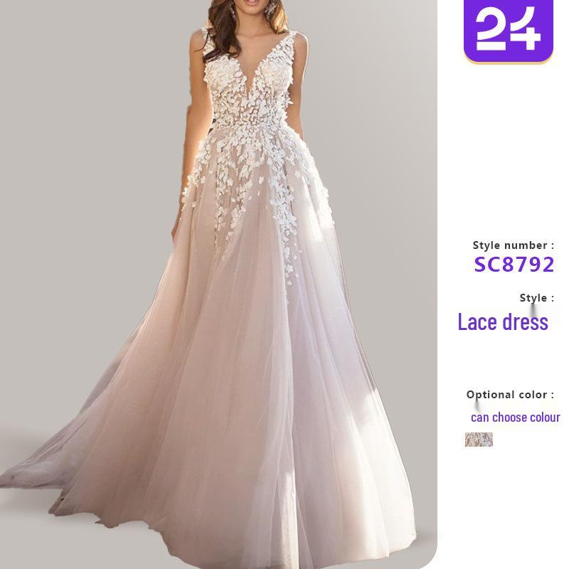 2025 Cross-Border Summer Lace Sleeveless Deep V-Neck Embroidered Dress for Women