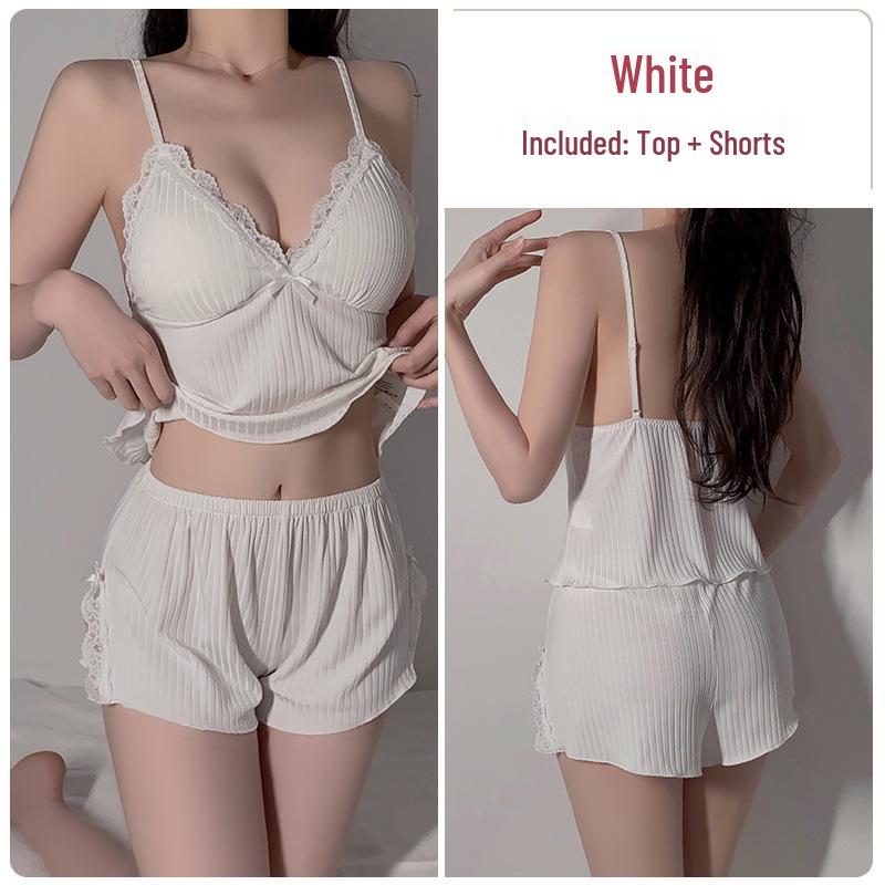 Stunning Deep V Lace Cami Top & Elastic Waist Slit Shorts Set