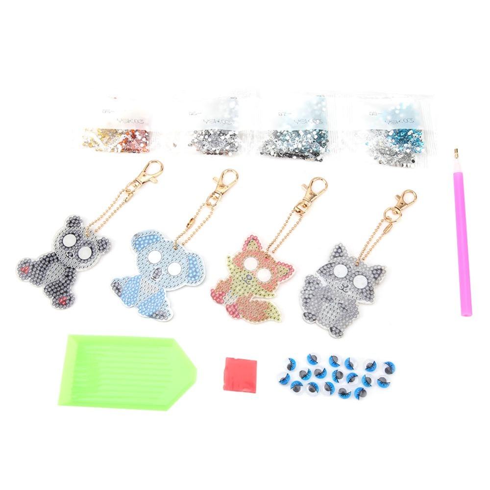 4pcs Rhinestone Diamond Painting Keychains Pendant Self-Stick Resin Diamond Keyrings Resin Animal Cartoon Animal Keychain белый