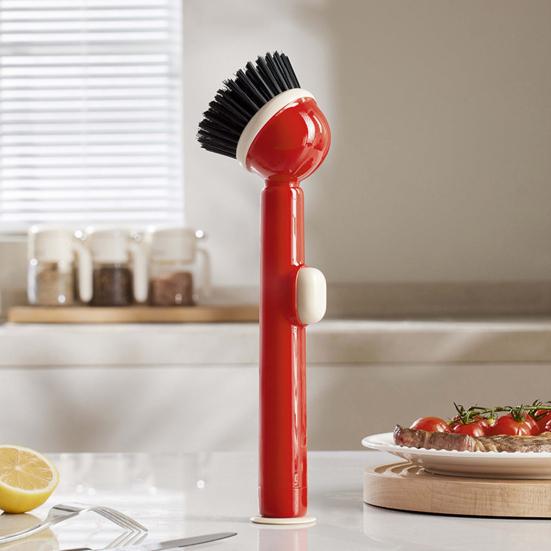 Pot Brush Tough Bristles Ergonomic Grip Long Handle Kitchen Cleaning Brush with Built-in Detergent Dispenser Cutlery Stove Sink Cleaning Tool