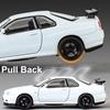 1:32 Scale SKYLINE GTR R34 Sports Car Model Toy Metal Diecast Pull Back Light Music 4 Doors Opened Vehicles Ornaments Gifts