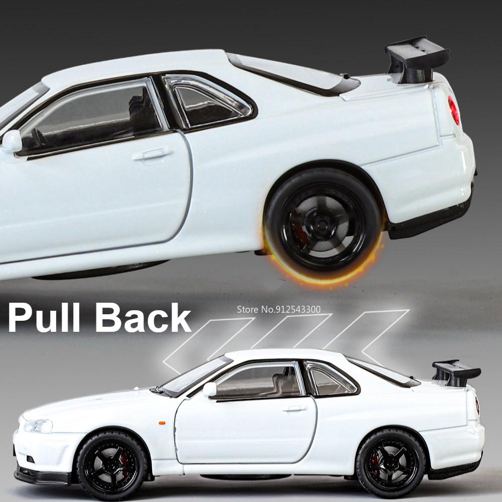 1:32 Scale SKYLINE GTR R34 Sports Car Model Toy Metal Diecast Pull Back Light Music 4 Doors Opened Vehicles Ornaments Gifts