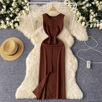 Sexy Chic Doce gola o sem mangas fenda Vestido Tricotado vintage Elegante Moda Festa Slim Verão Vestidos A-line