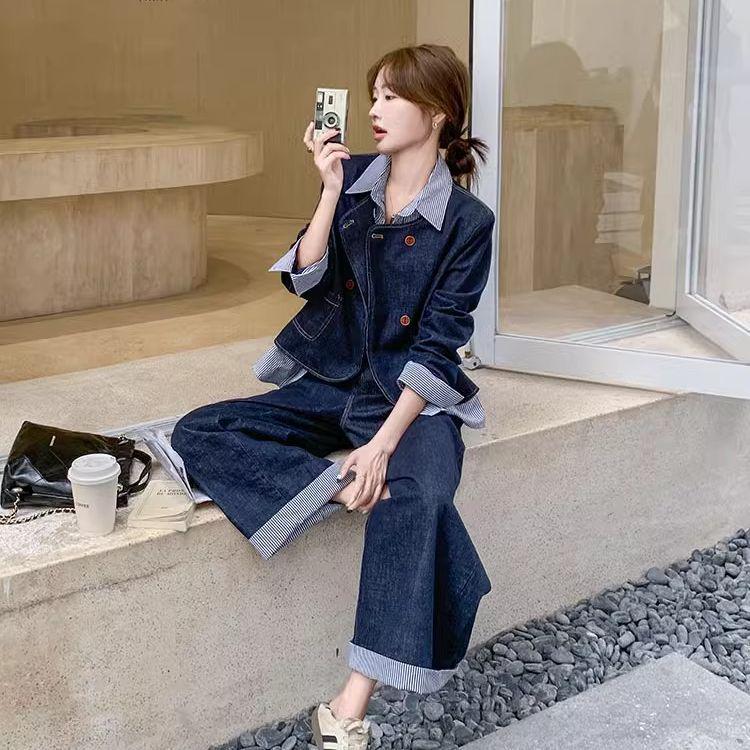 2025 New Women's Faux Two-Piece Denim Set: Petite Korean-Style Wide-Leg Pants for Early Autumn