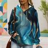 Women Plus Size Black Drawstring Hoodie Long Sleeve Blue Peony Tree Print Pullover Kangaroo Pocket