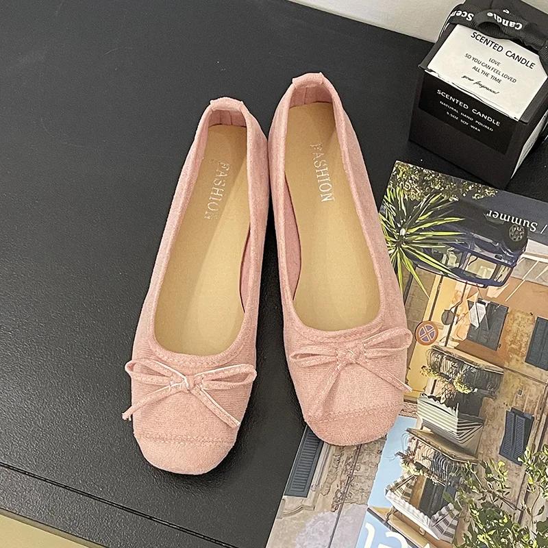 New Women's Shoes with Light Color Contrast Soft Bottom Flat Bow Sole Shoes Boat Shoe Elegant Round Toe Female Footwear 2025