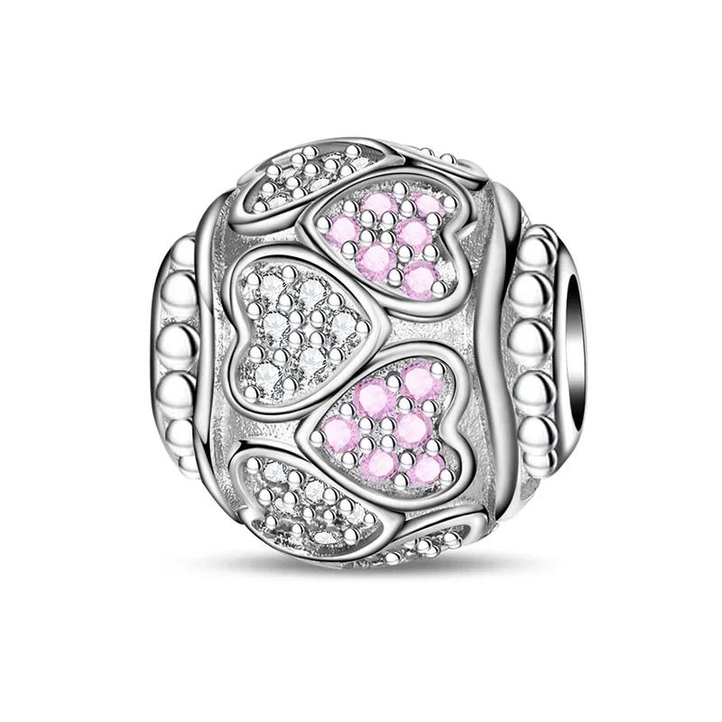 Colorful Full Diamond Charms Copper Heart Blooming Rose Round Beads Pendant Fit Original Bracelets Necklace Jewelry