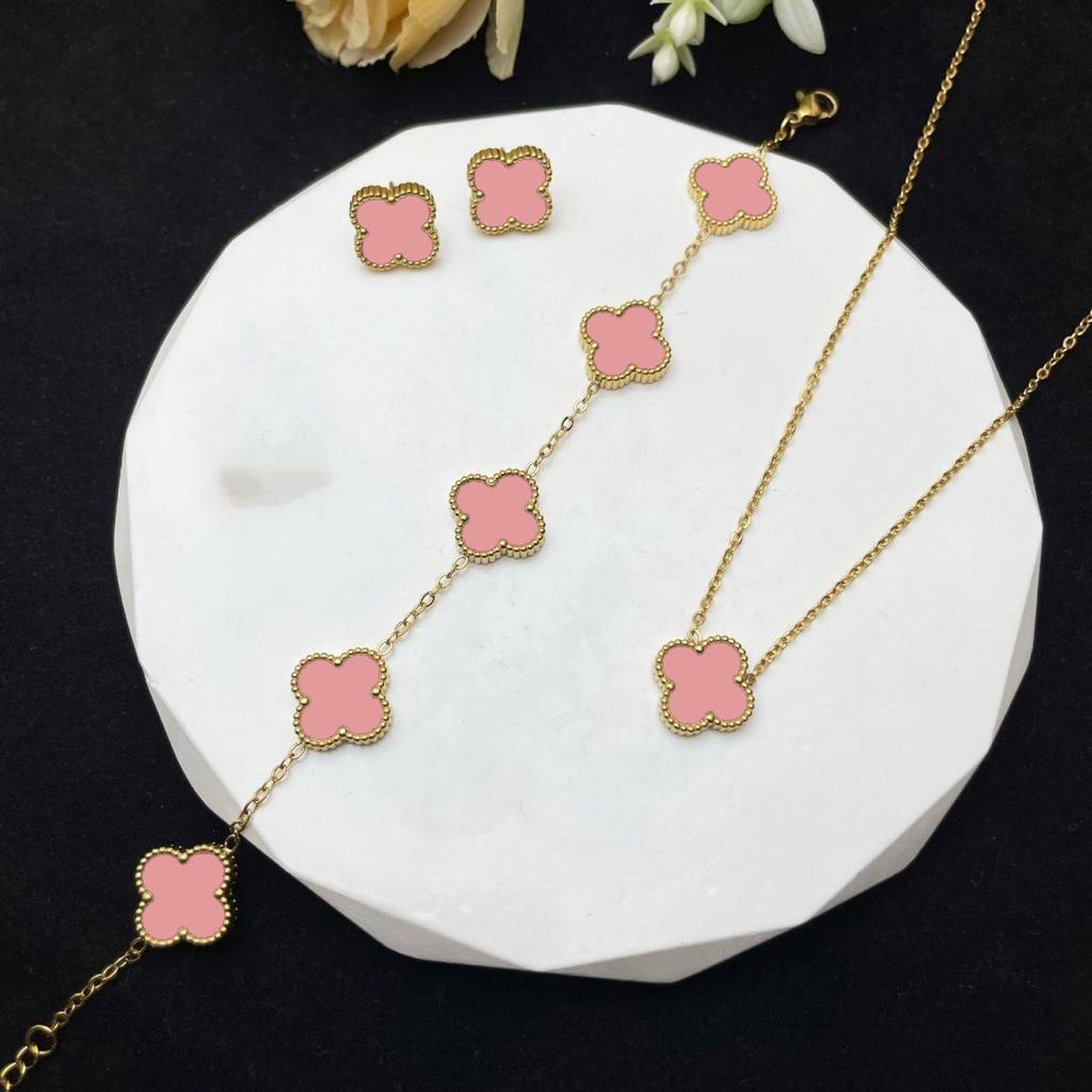 Set din trei piese colier, brățară și cercei trifoi cu patru foi de 13 mm, din oțel titan, set de bijuterii cu două fețe