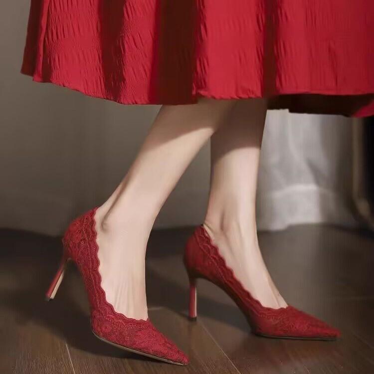 White Wedding Shoes Bridal Shoes Design Sense 2026Lace Pointed Stiletto Heel Shallow French High Heels Female Temperament