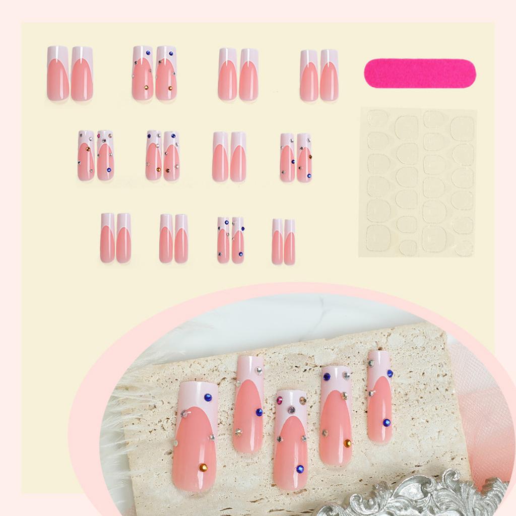 24pcs Long Square False Nail with Metal Colorful Rhinestones Press On Nail For Stylish And Elegant Nail Art Design