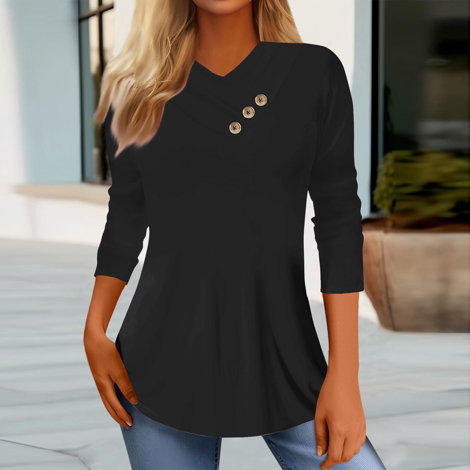 

Женские топы, повседневные рубашки с пуговицами и рукавами 3/4, модные лоскутные блузки с принтом, футболки L чёрный