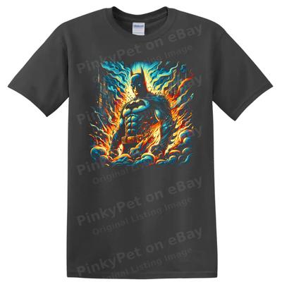 Batman Superhero T Shirt W/ Neon Fire Cityscape Comic Art Graphic Design Tee