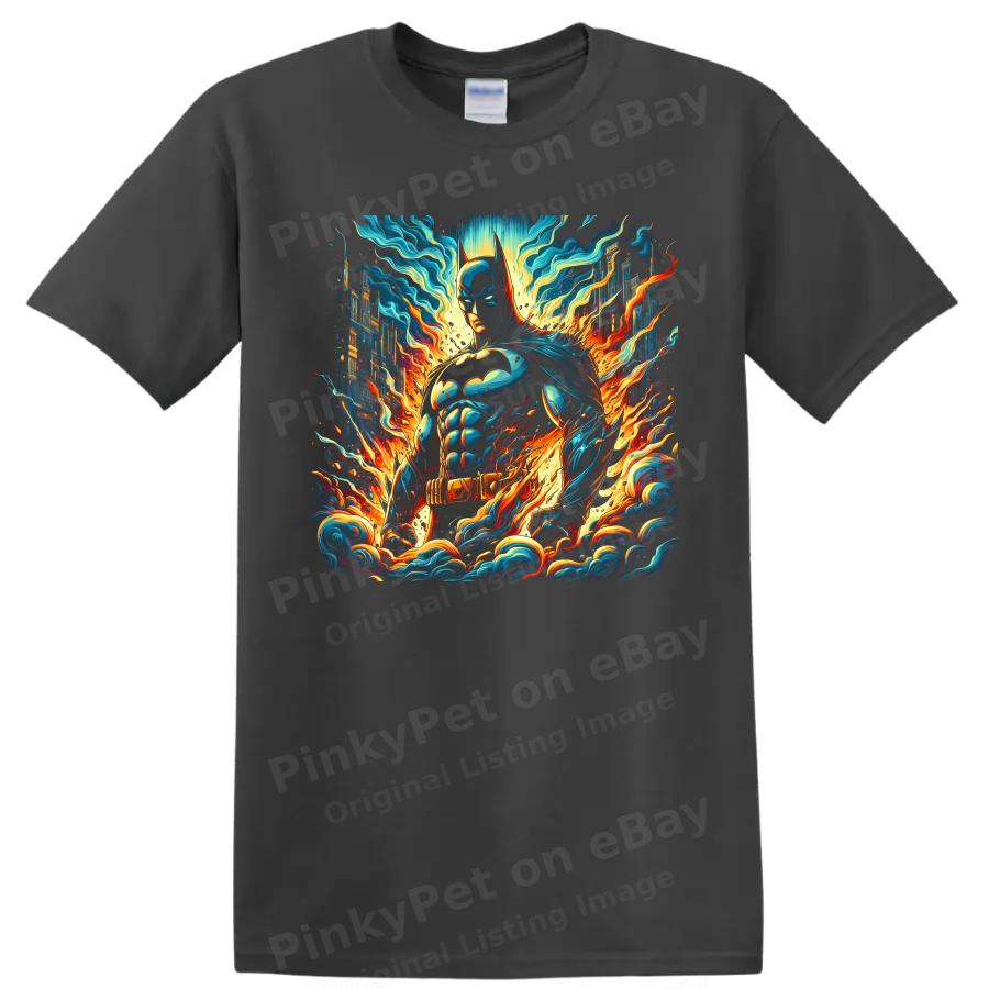 Batman Superhero T Shirt w/ Neon Fire Cityscape Comic Art Graphic Design Tee