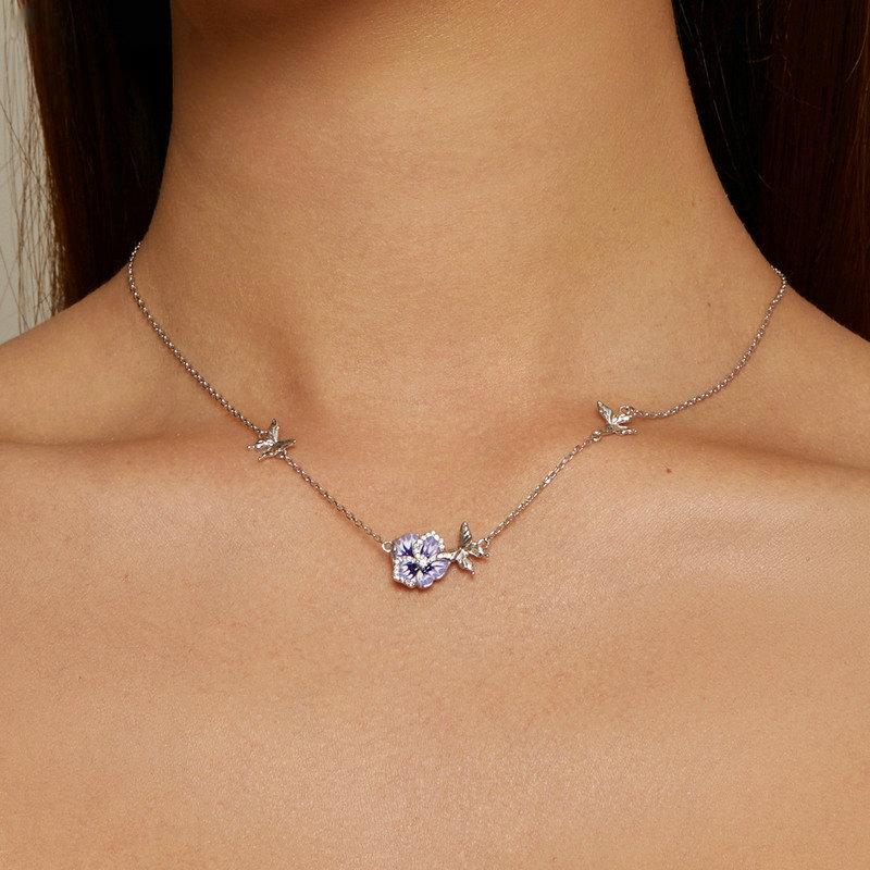 Bamoer 925 Sterling Silver Purple Enamel Pansy Flower Pendant Necklace Dancing Butterfly Adjustable Neck Chain for Women BSN336