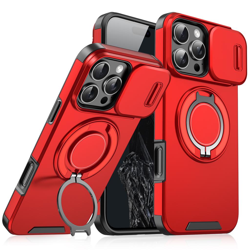 For iPhone 16 Pro Magnetic Phone Case Slide Lens Cover Ring Kickstand TPU+PC Phone Shell