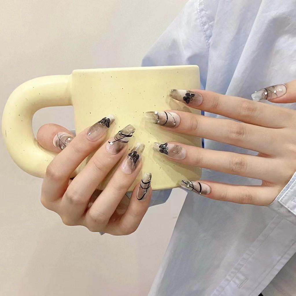 HANDMADE Artificial Nail Dream Black Butterfly Smudge Phototherapy Nails Fake Nails Reusable and Removable Nails