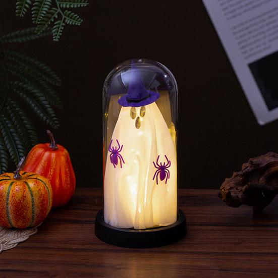 Halloween Indoor Ghost Decoration Light Up Ghost in Glass Cloche with Wood Base Cute Ghost Night Light for Home Kitchen Mantel Shelf Fireplace Decor
