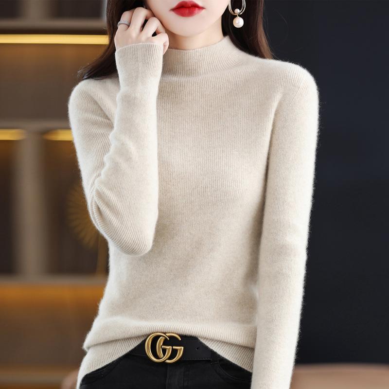 Women's Pure Wool Long Sleeve Pullover Sweater with Half-High Neck - Solid Color, Base Layer for Autumn and Winter