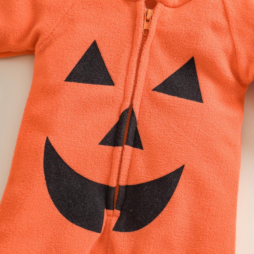 Children's Halloween Long-Sleeved Cushaw Shape Hooded Foot-Covering Romper